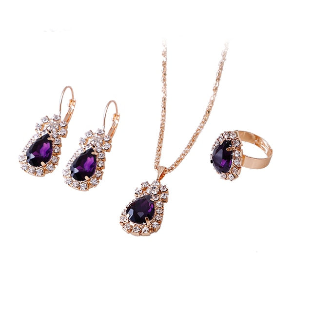 Fashion Waterdrop Shiny Rhinestones Necklace Ring Earrings Women Jewelry Set
