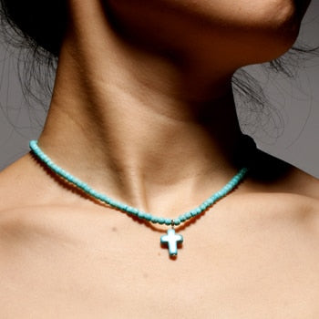 4MM Natural Stone Cross Pendant Necklaces