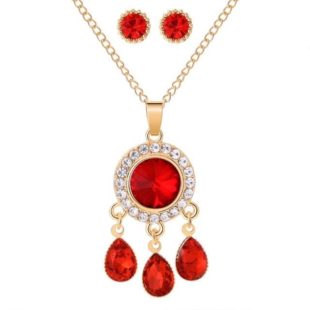 Colorful Rhinestone Pendant Necklace Stud Earrings Crystal Jewelry Set