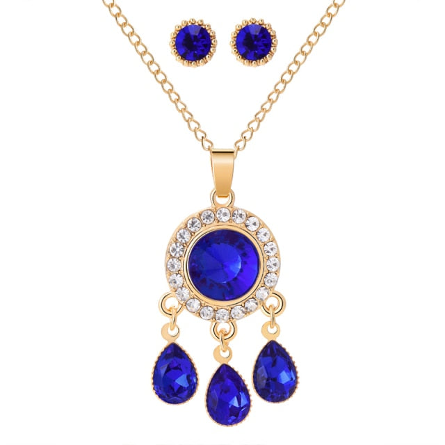 Colorful Rhinestone Pendant Necklace Stud Earrings Crystal Jewelry Set