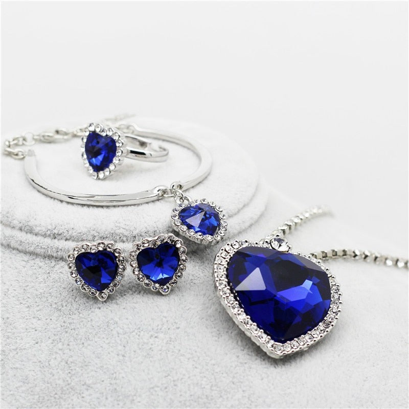 Women Crystal Rhinestones Necklace Earrings Ring Bracelet Set