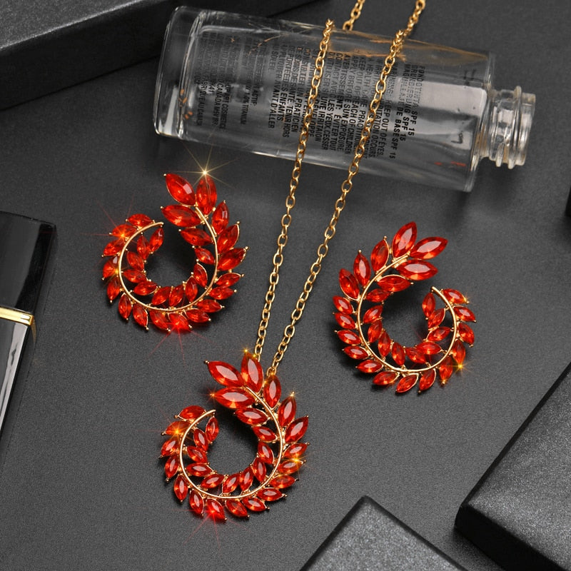 Bohemian Rhinestone Gold Color Leaf Earring&Necklace Set