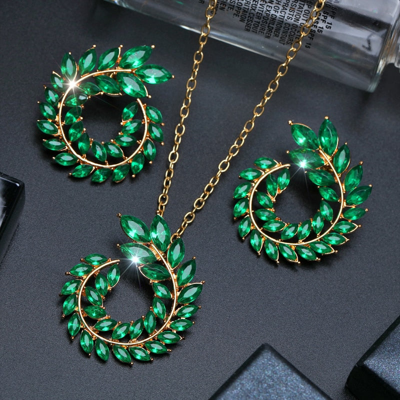 Bohemian Rhinestone Gold Color Leaf Earring&Necklace Set