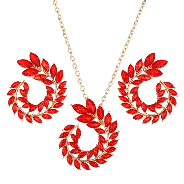 Bohemian Rhinestone Gold Color Leaf Earring&Necklace Set