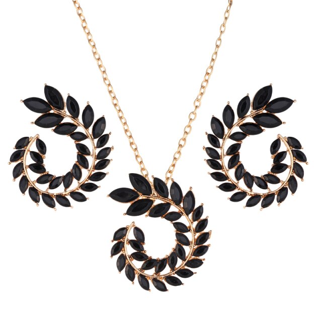 Bohemian Rhinestone Gold Color Leaf Earring&Necklace Set