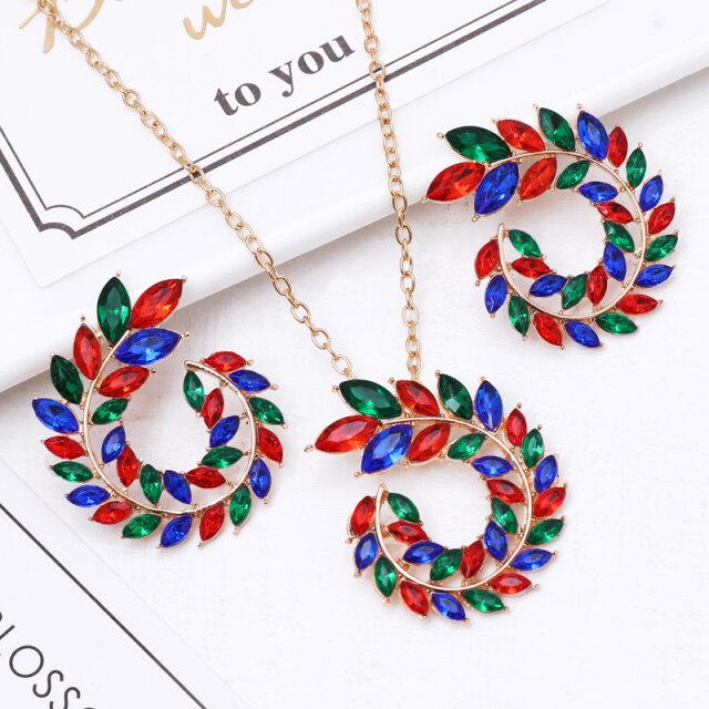 Bohemian Rhinestone Gold Color Leaf Earring&Necklace Set