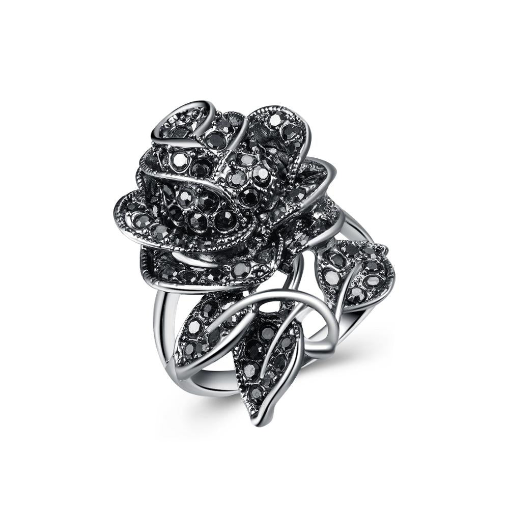 Black Rose with CZ Micro  Vintage Flower Rings
