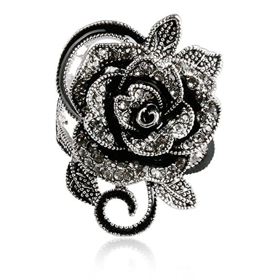 Black Rose with CZ Micro  Vintage Flower Rings