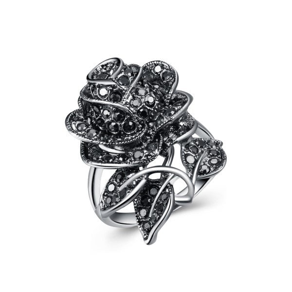 Black Rose with CZ Micro  Vintage Flower Rings