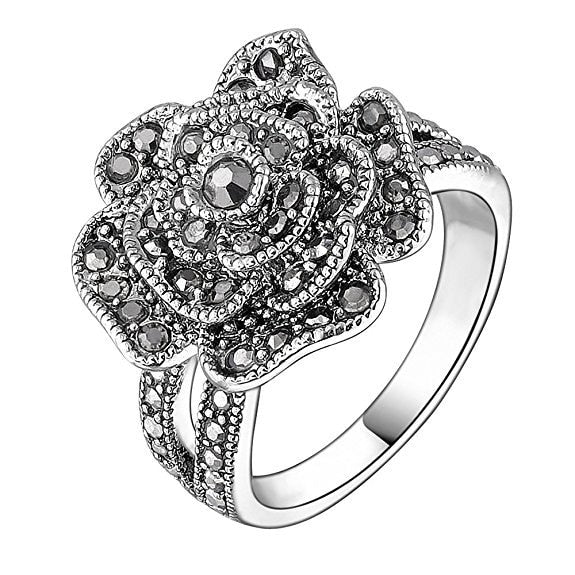 Black Rose with CZ Micro  Vintage Flower Rings
