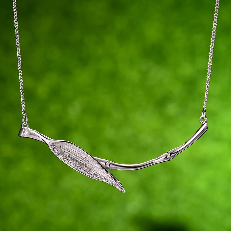 925 Sterling Silver Morning Dew on Bamboo Leaf Pendant Necklace for Women