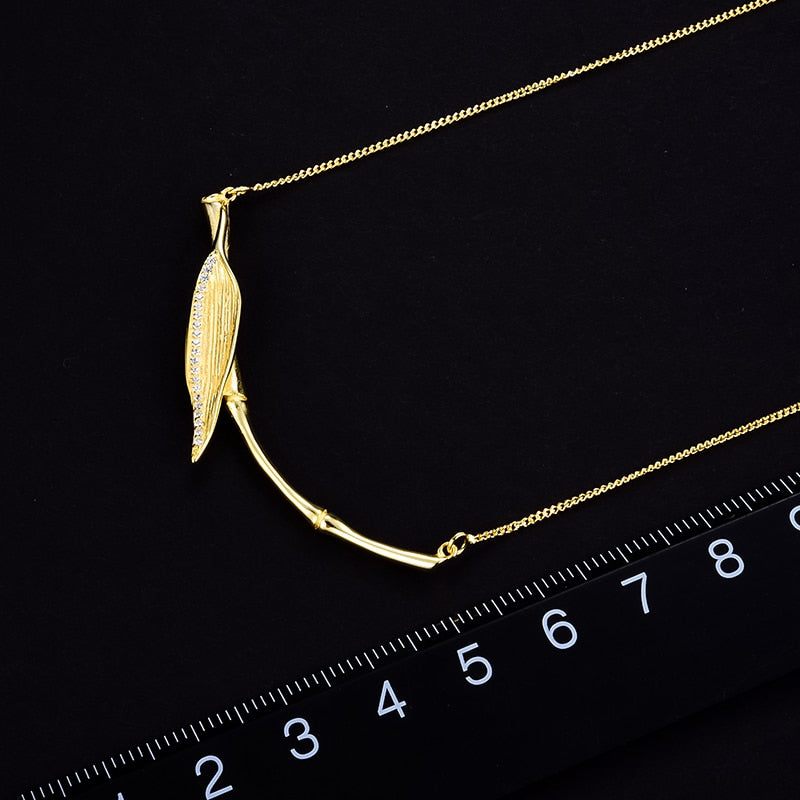 925 Sterling Silver Morning Dew on Bamboo Leaf Pendant Necklace for Women