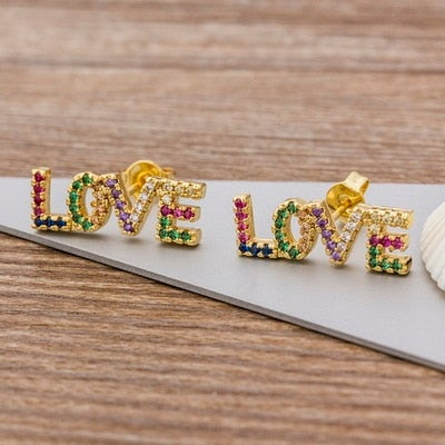 Colorful Micro Pave CZ Luxury Gold Color Rainbow Stud Earrings