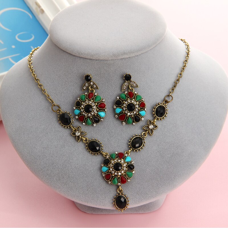 Vintage Crystal   Multi Colour Gold Chunky Necklace EarringsTurkish Jewelry Sets