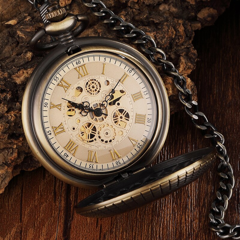 Vintage Wood Circle Carved Number Dial Mechanical Pocket Watch