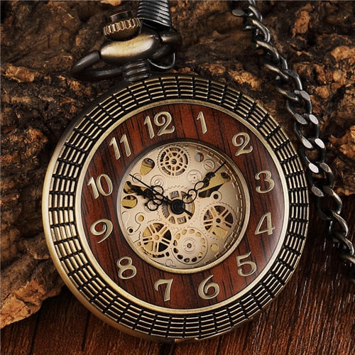 Vintage Wood Circle Carved Number Dial Mechanical Pocket Watch