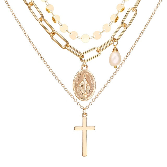 Fashion Multi Layer Lock Portrait Pendants Necklaces