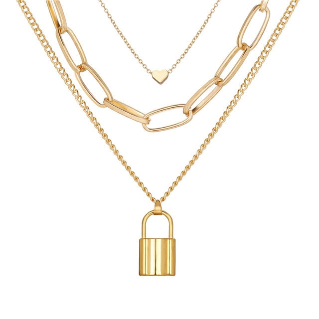 Fashion Multi Layer Lock Portrait Pendants Necklaces