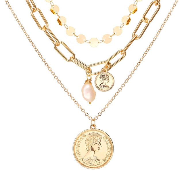 Fashion Multi Layer Lock Portrait Pendants Necklaces