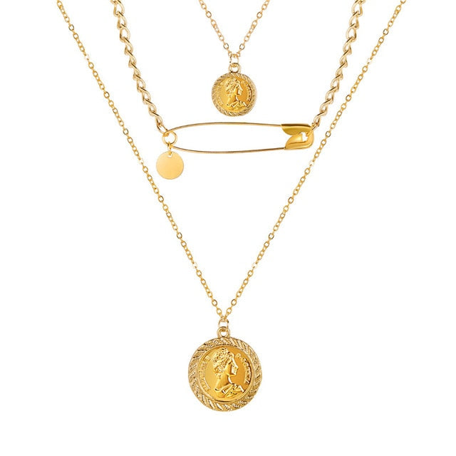 Fashion Multi Layer Lock Portrait Pendants Necklaces