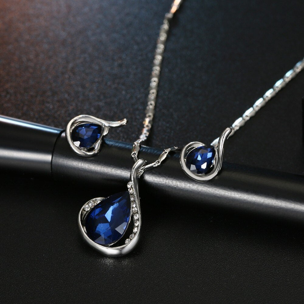 Water drop pendant  Earrings For Women Silver Color Jewelery Sets