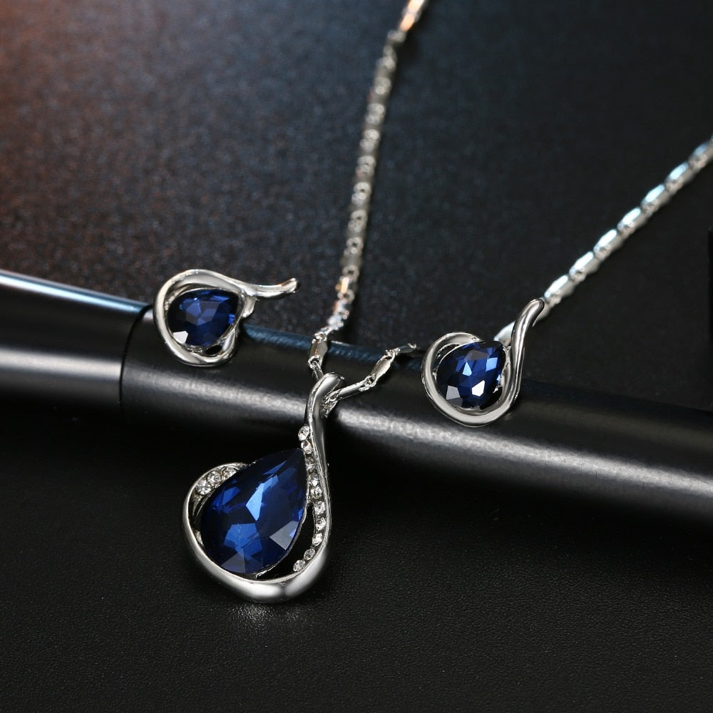 Water drop pendant  Earrings For Women Silver Color Jewelery Sets