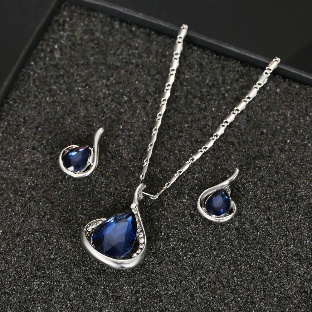 Water drop pendant  Earrings For Women Silver Color Jewelery Sets