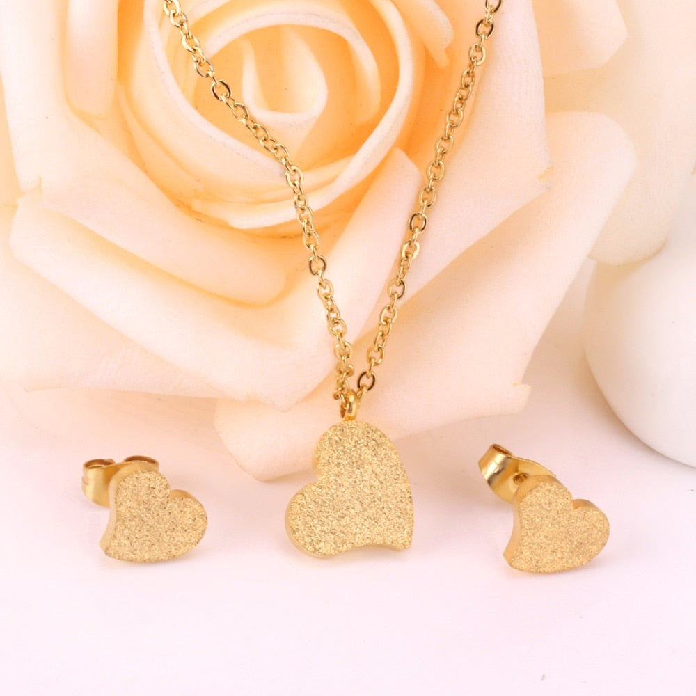 Heart Shaped Pendant CZ Necklace And Earrings Set