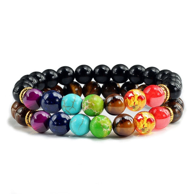 7 Chakra Black Natural Stone Beads Yoga Strand Bracelets