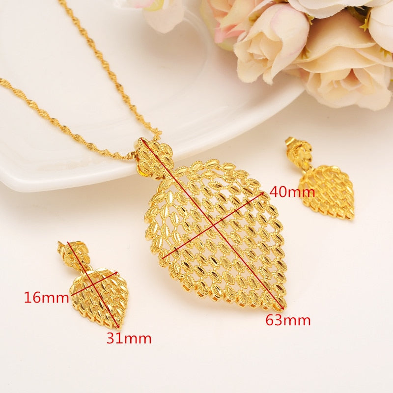 gold Necklace Earring Set Women Party Gift big Leaf Jewelry Sets