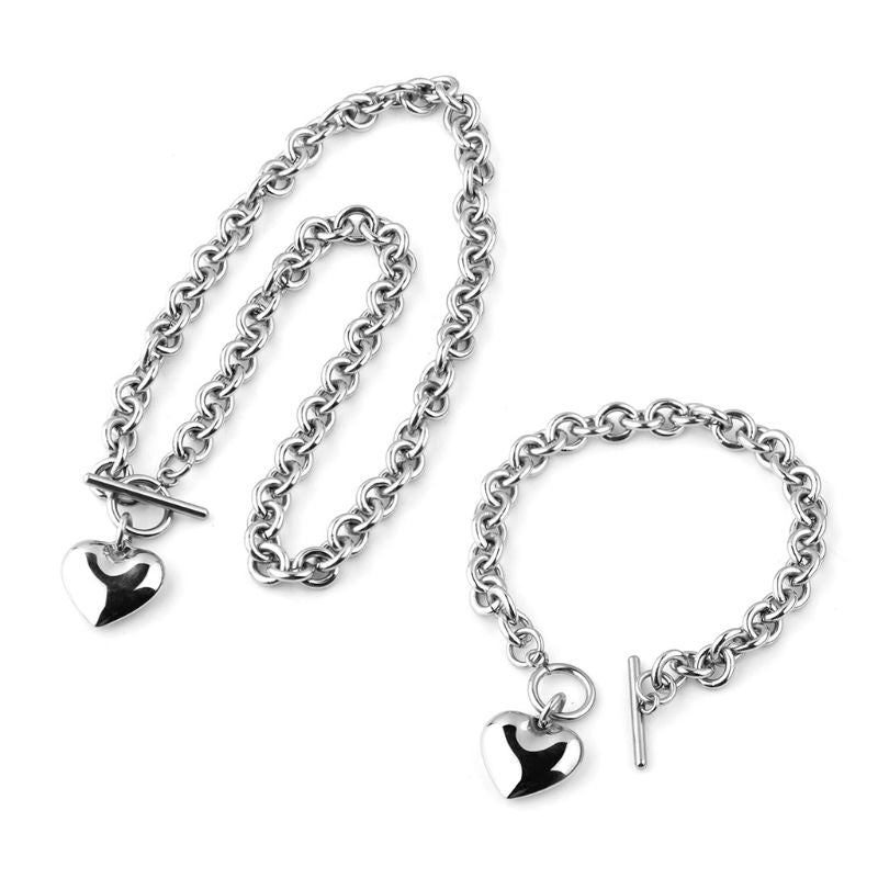 Women Stainless Steel Chain Heart Toggle Bracelet Necklace Jewelry Set
