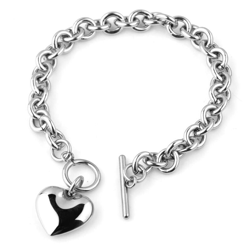 Women Stainless Steel Chain Heart Toggle Bracelet Necklace Jewelry Set
