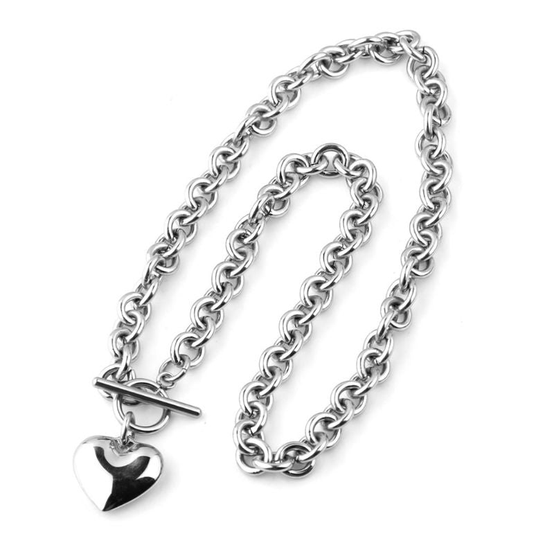 Women Stainless Steel Chain Heart Toggle Bracelet Necklace Jewelry Set