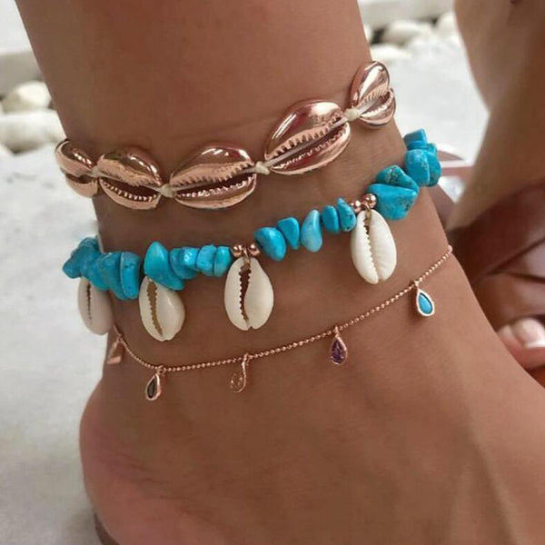 Juego de 3 tobilleras bohemias con piedras de concha para mujer