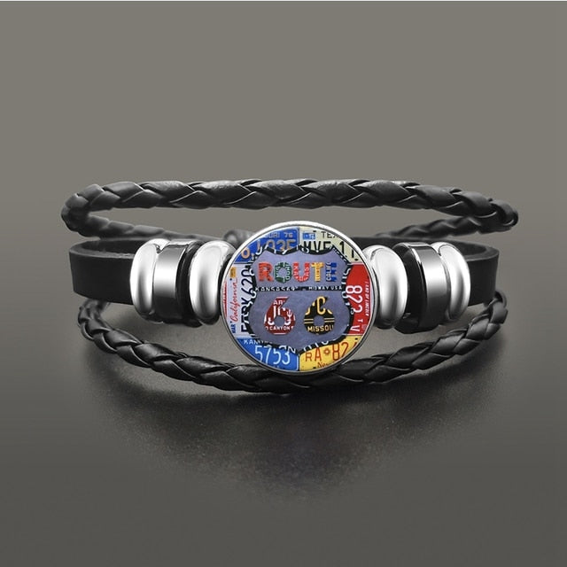 Punk Leather Glass Dome Cabochon Button Snap Bracelets