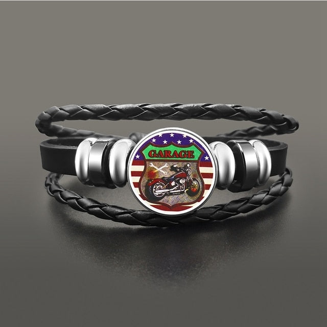 Punk Leather Glass Dome Cabochon Button Snap Bracelets