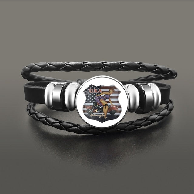 Punk Leather Glass Dome Cabochon Button Snap Bracelets