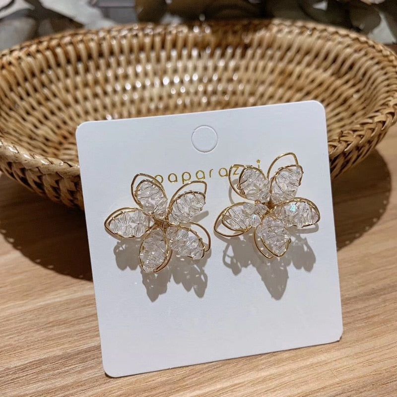 Korean New Arrival Sweet Crystal Holiday Flower Stud Earrings