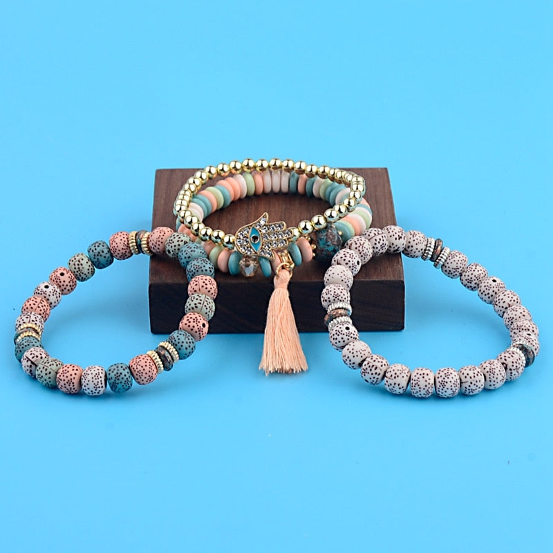 CZ Hand Natural Stone Beads Tassel Pendents Bracelets