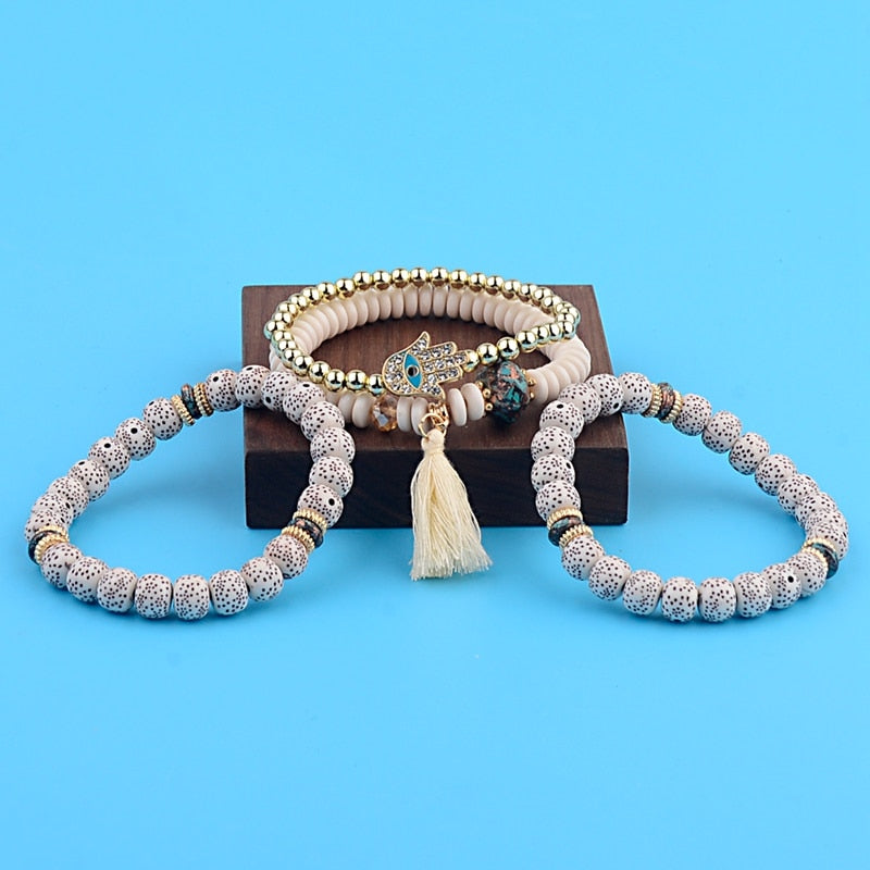 CZ Hand Natural Stone Beads Tassel Pendents Bracelets