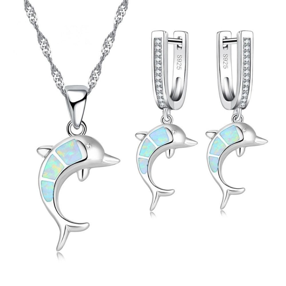 Beautiful Cute Blue imitation Opal Dolphin Jewelry Sets