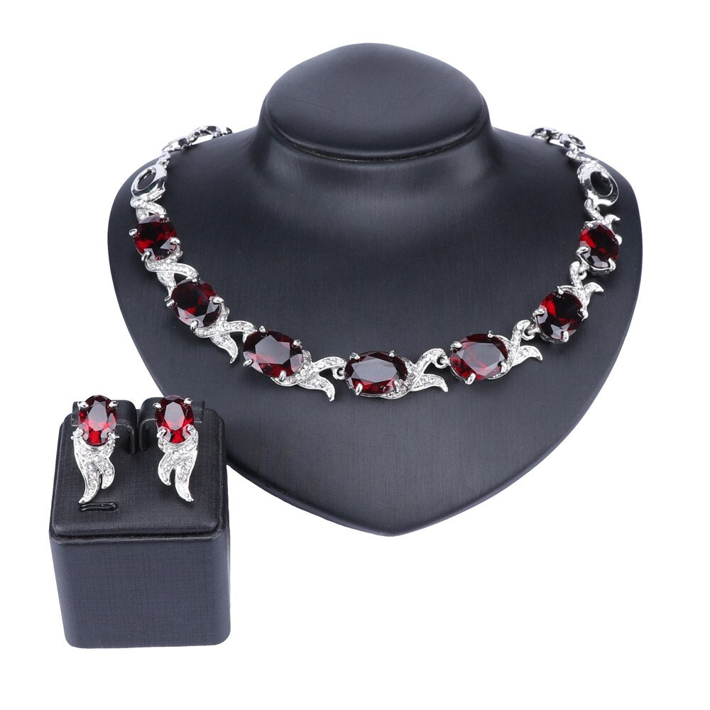 Gold Color Red Crystal Trendy Necklace Jewelry Sets