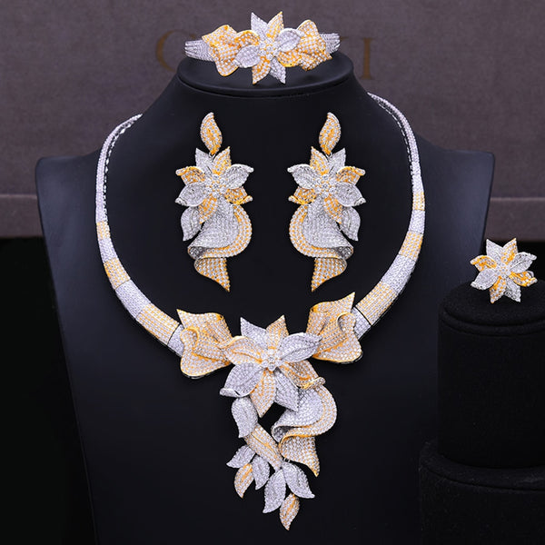 Conjunto de 4 joyas de lujo con diseño de hojas, flores, brazaletes, anillos, collares y pendientes colgantes.