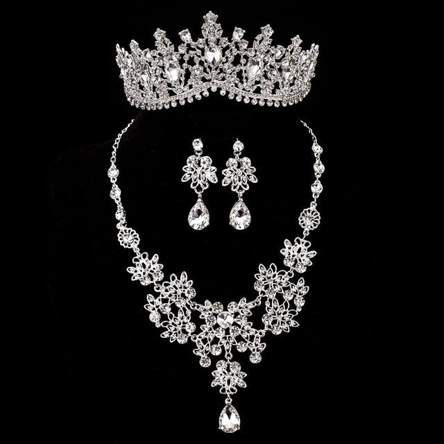 Fashion Luxury Crystal Rhinestone Gorgeous Tiaras Necklace Earrings Set