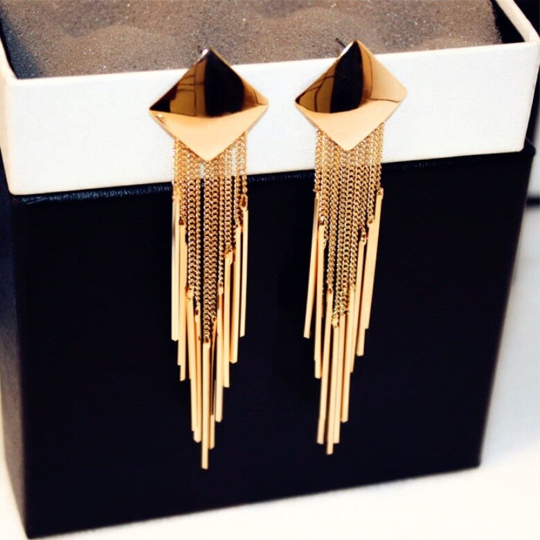 Geometric Square Long Tassel Earrings