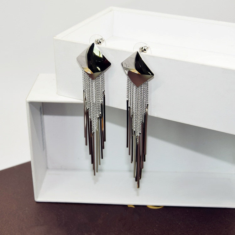 Geometric Square Long Tassel Earrings