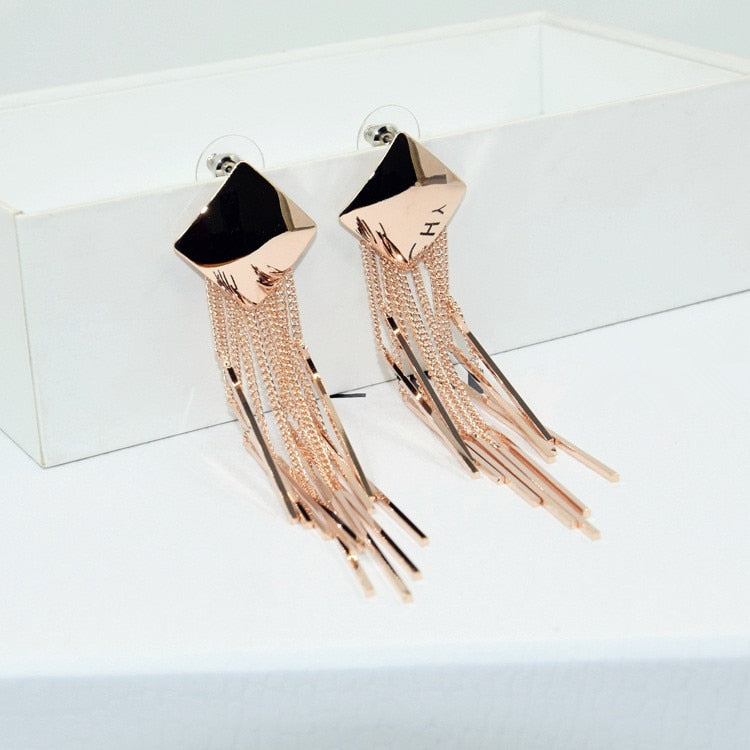 Geometric Square Long Tassel Earrings