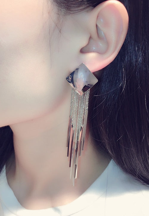 Geometric Square Long Tassel Earrings