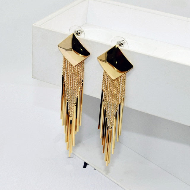 Geometric Square Long Tassel Earrings