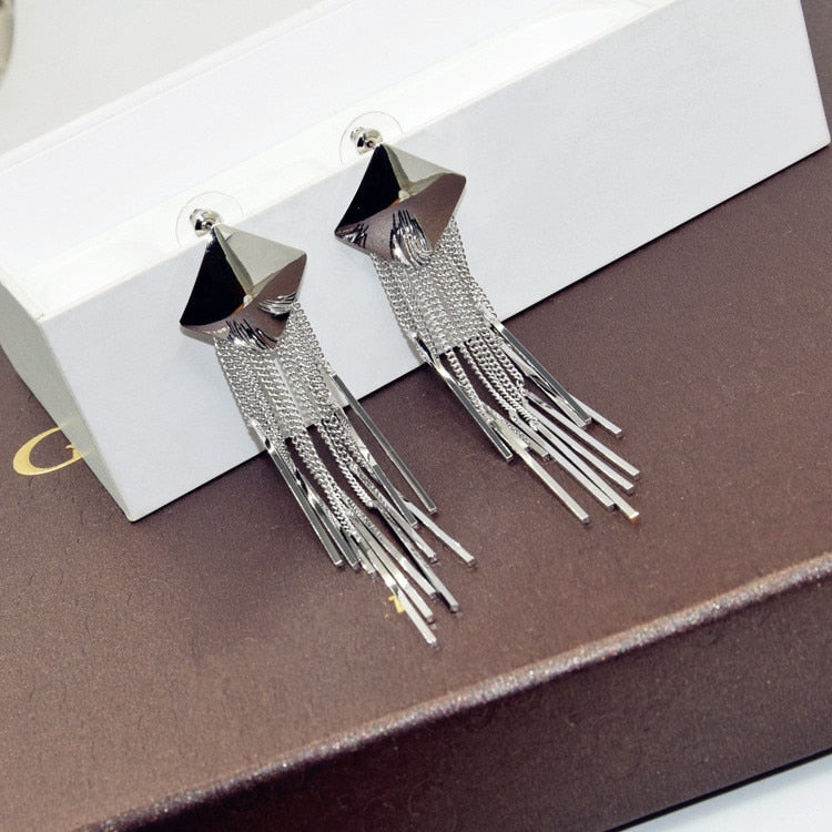 Geometric Square Long Tassel Earrings